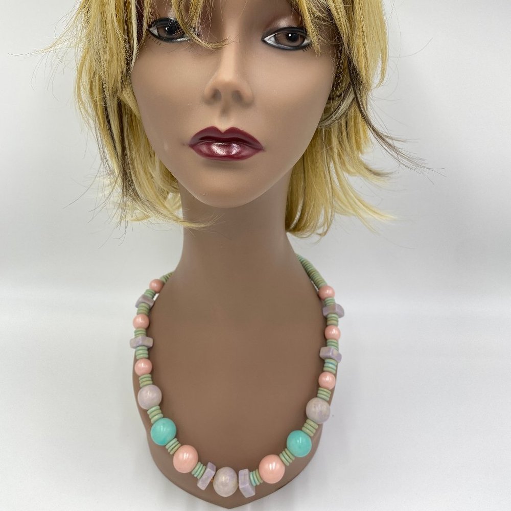 Vintage 1980s 1990s Pastel Chunky Wooden Beads Necklace 24" Blue Pink Purple